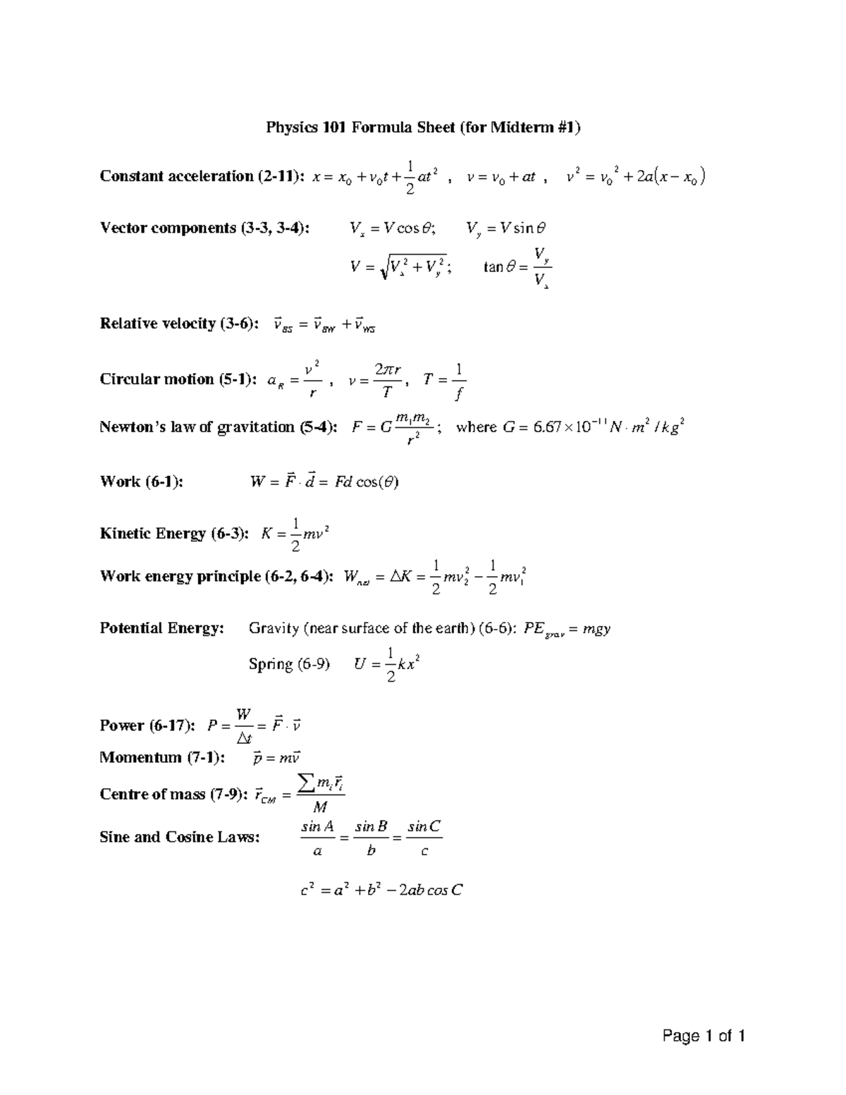 Formula 101a - please share me - Page 1 of 1 Physics 101 Formula Sheet ...