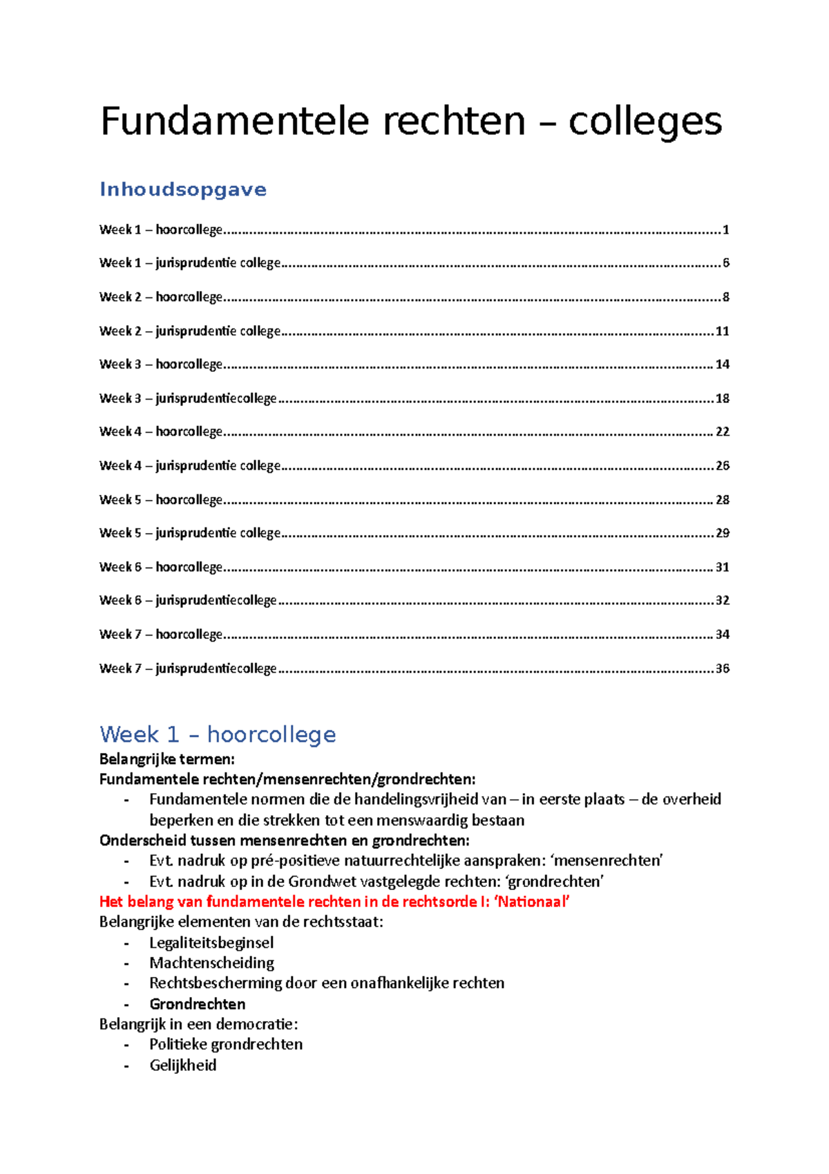 FR - Colleges - Fundamentele Rechten – Colleges Inhoudsopgave Week 1 ...