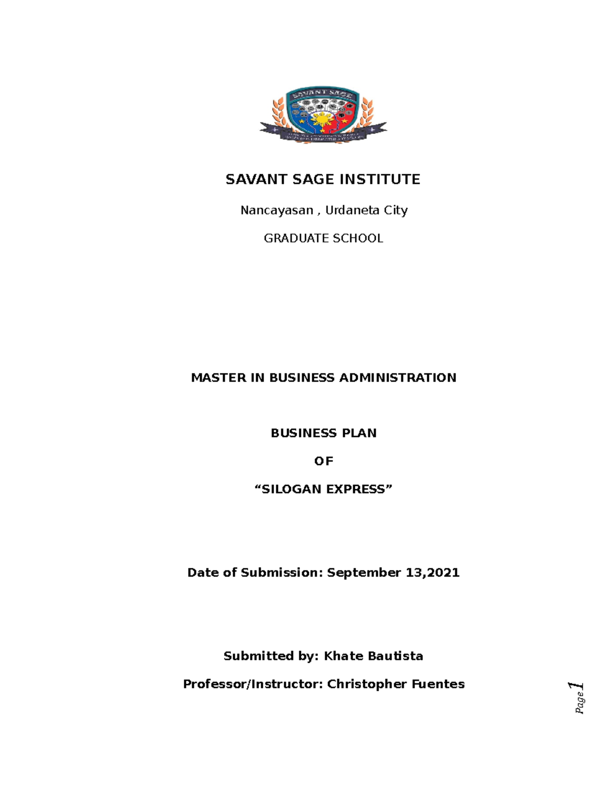 Business PLAN OF Silogan Express - SAVANT SAGE INSTITUTE Nancayasan ...