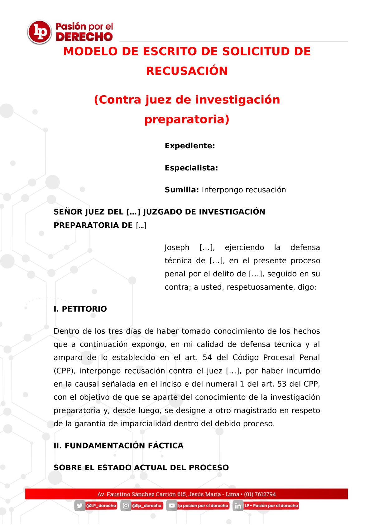 Modelo Solicitud Recusacion De Juez LP Corregido - MODELO DE ESCRITO DE ...