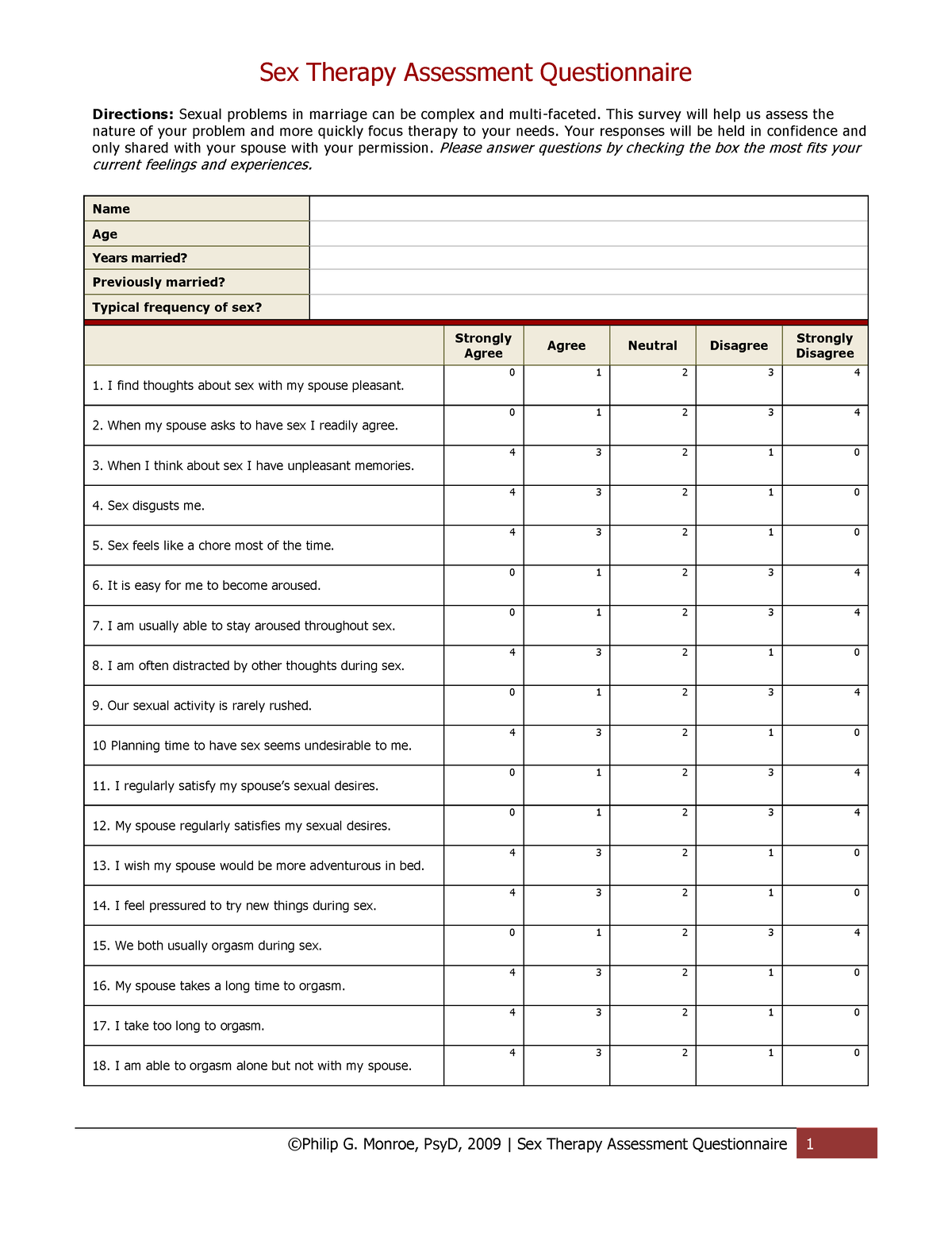 Sex Therapy Assessment Questionnaire ©philip G Monroe Psyd 2009 Sex Therapy Assessment 