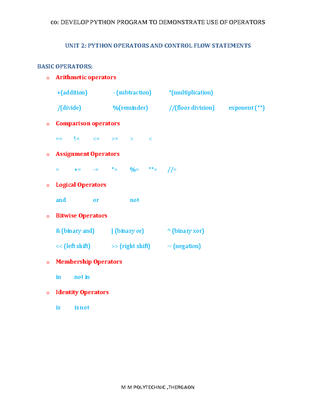 Unit-2-1 - sfgdh - UNIT 2: PYTHON OPERATORS AND CONTROL FLOW STATEMENTS ...