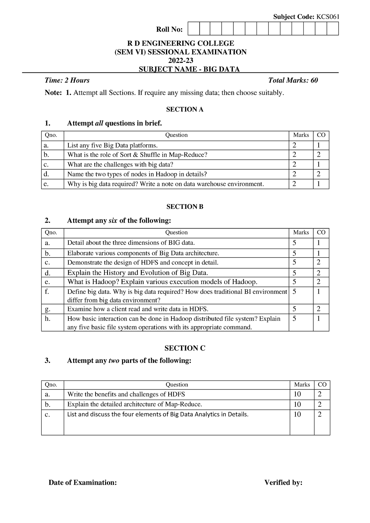 Sessional BIG DTA - hjhsdjh - Subject Code: KCS Roll No: R D ...