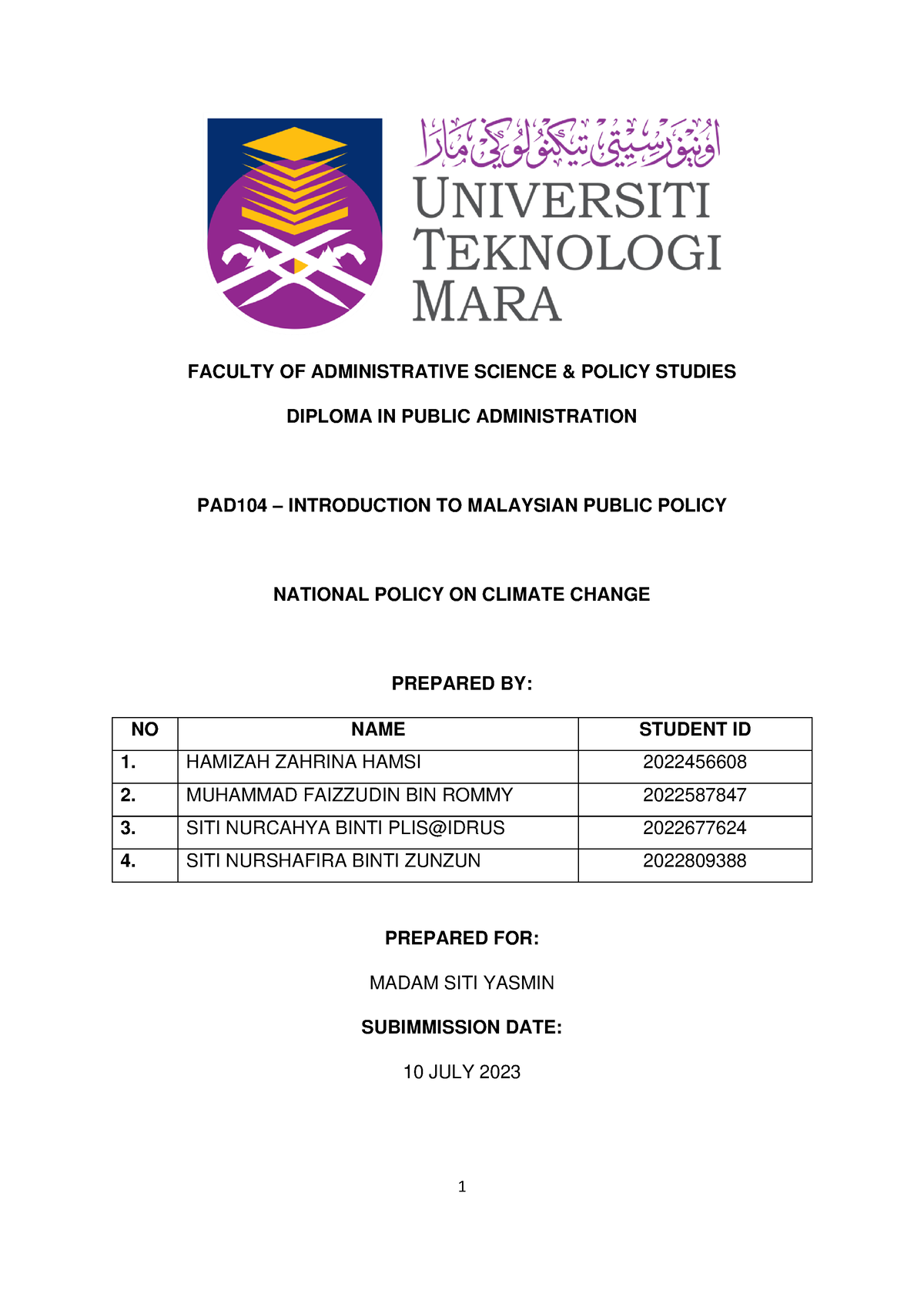 Group Assigment PAD104 - FACULTY OF ADMINISTRATIVE SCIENCE & POLICY ...