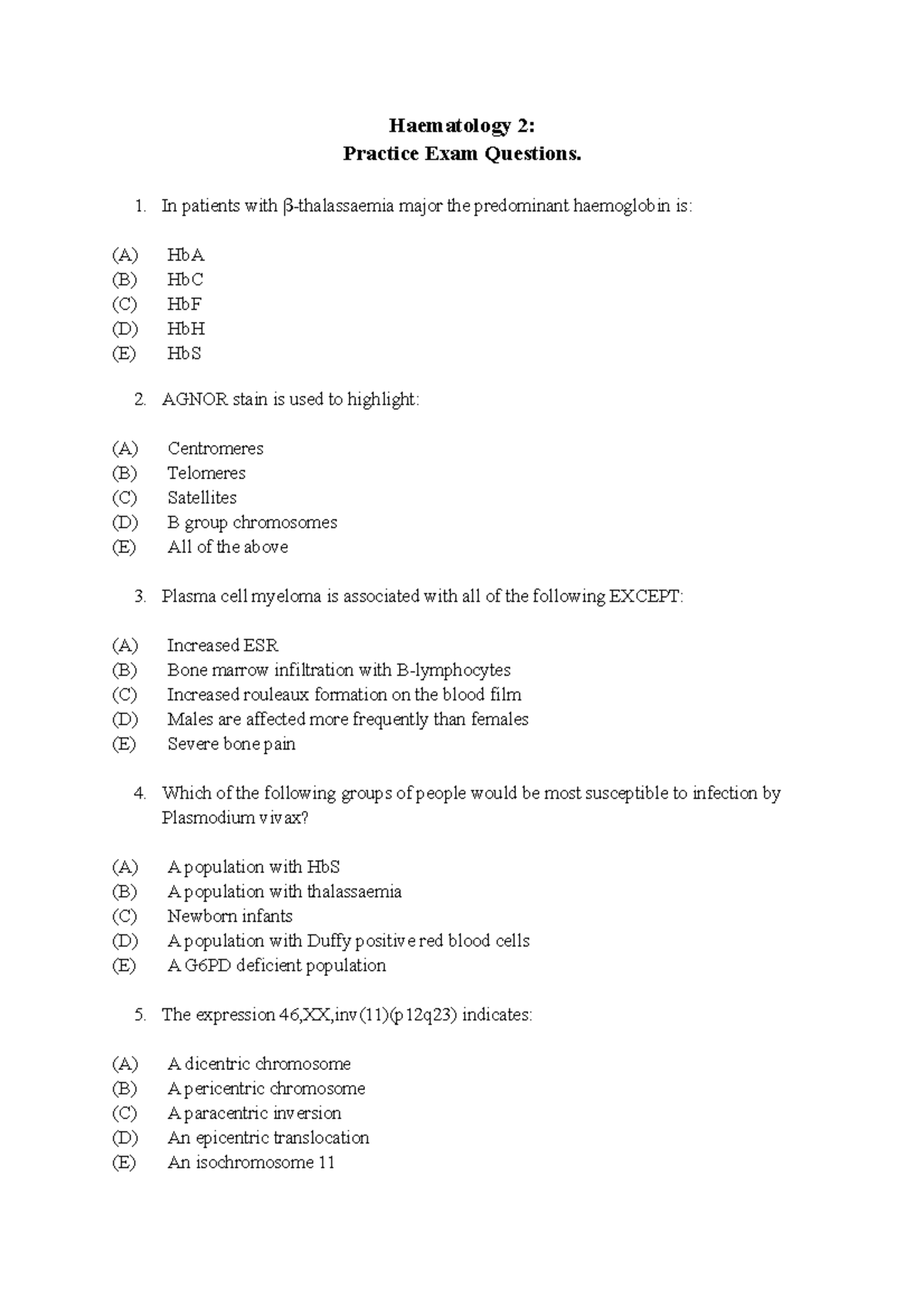 Sample/practice exam - Haematology 2: Practice Exam Questions. In ...