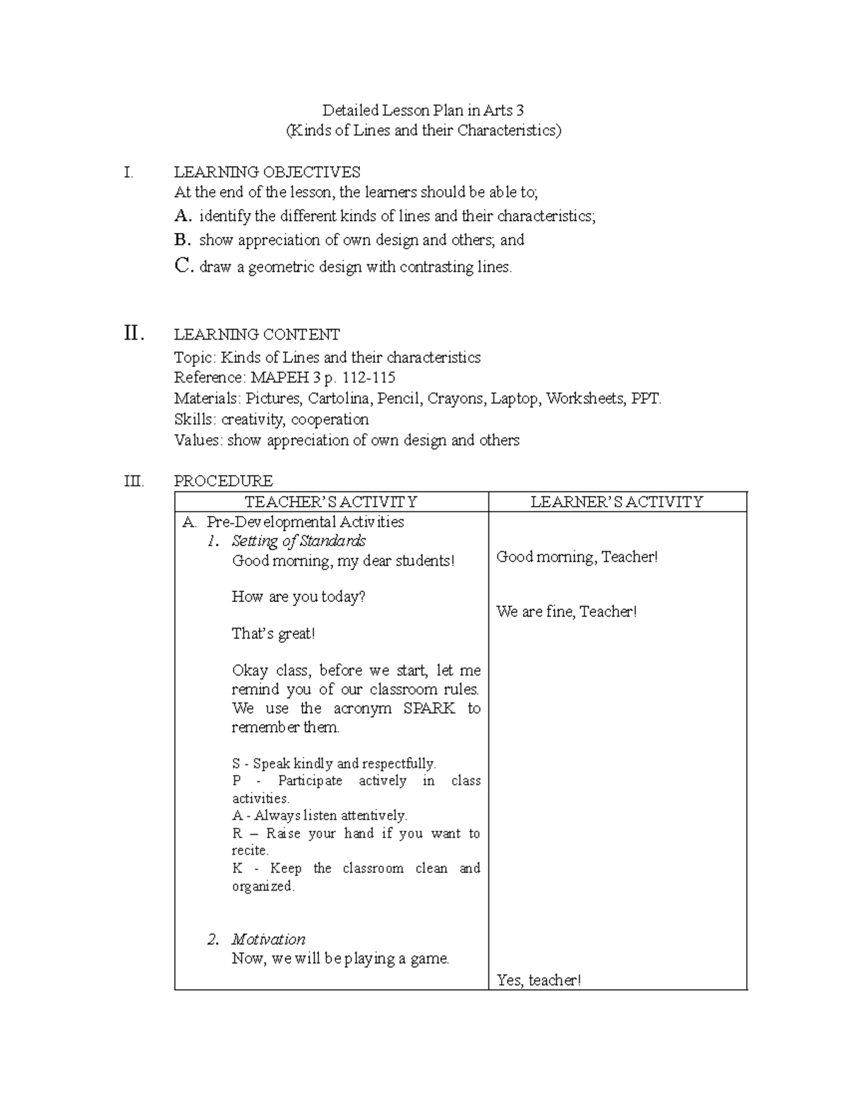 Detailed Lesson Plan in Arts 3- MAE - Detailed Lesson Plan in Arts 3 ...