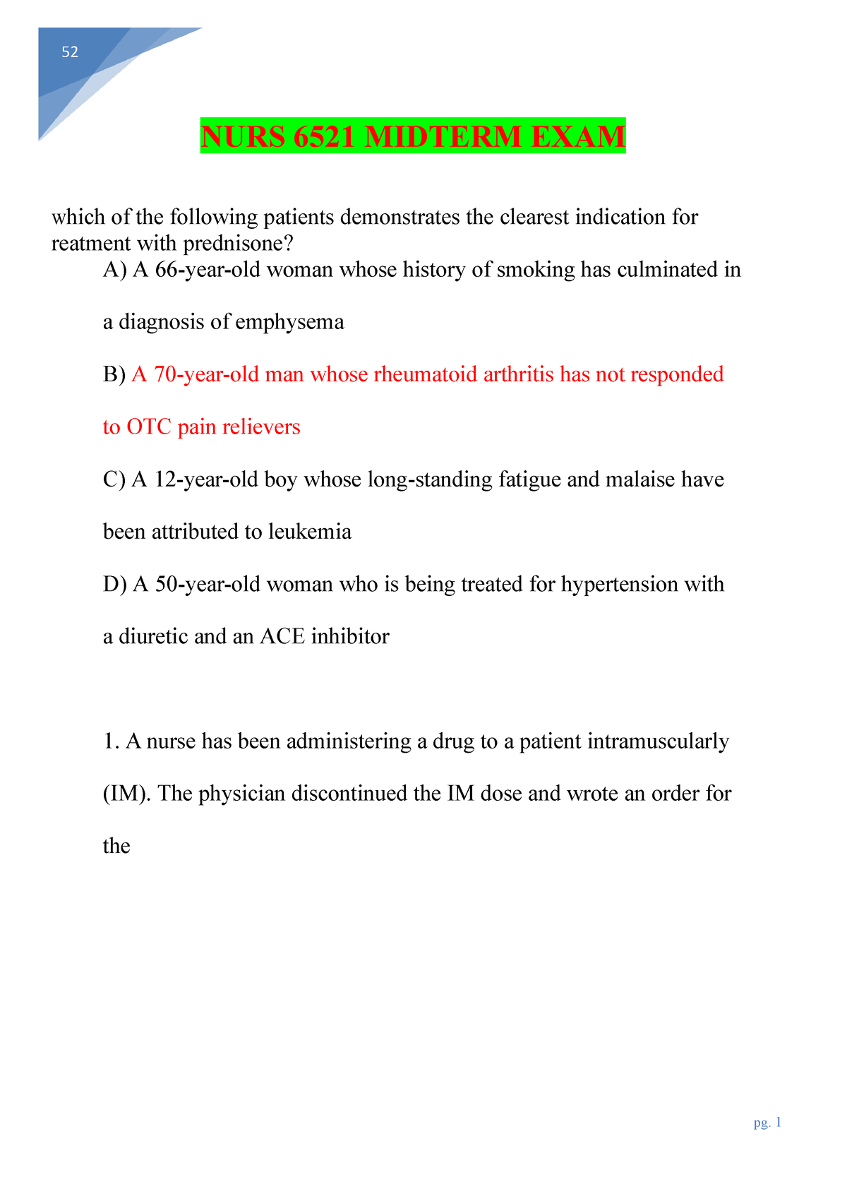 NURS 6521 Midterm EXAM Set 1 1 - 52 NURS 6521 MIDTERM EXAM Which Of The ...