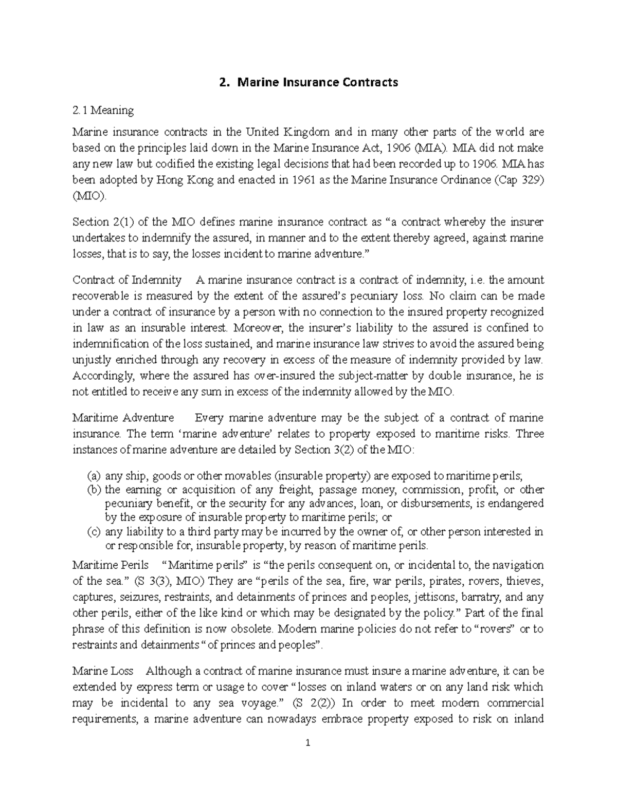 Ch2 MI Contract 171106 2. Marine Insurance Contracts 2 Meaning Marine