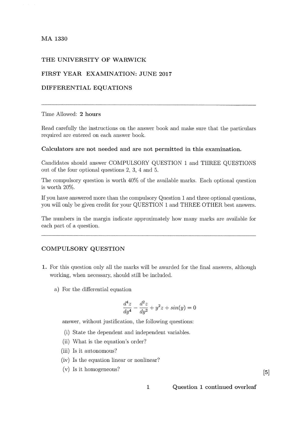 Ma1330 Scan - Past Papers From The Warwick Institute Of Maths - MA133 ...