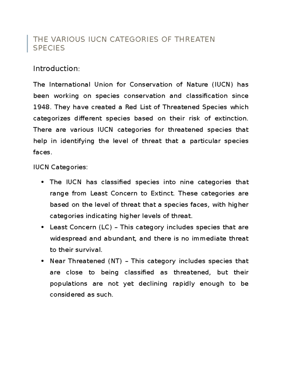 THE Various IUCN Categories OF Threaten Species - THE VARIOUS IUCN ...