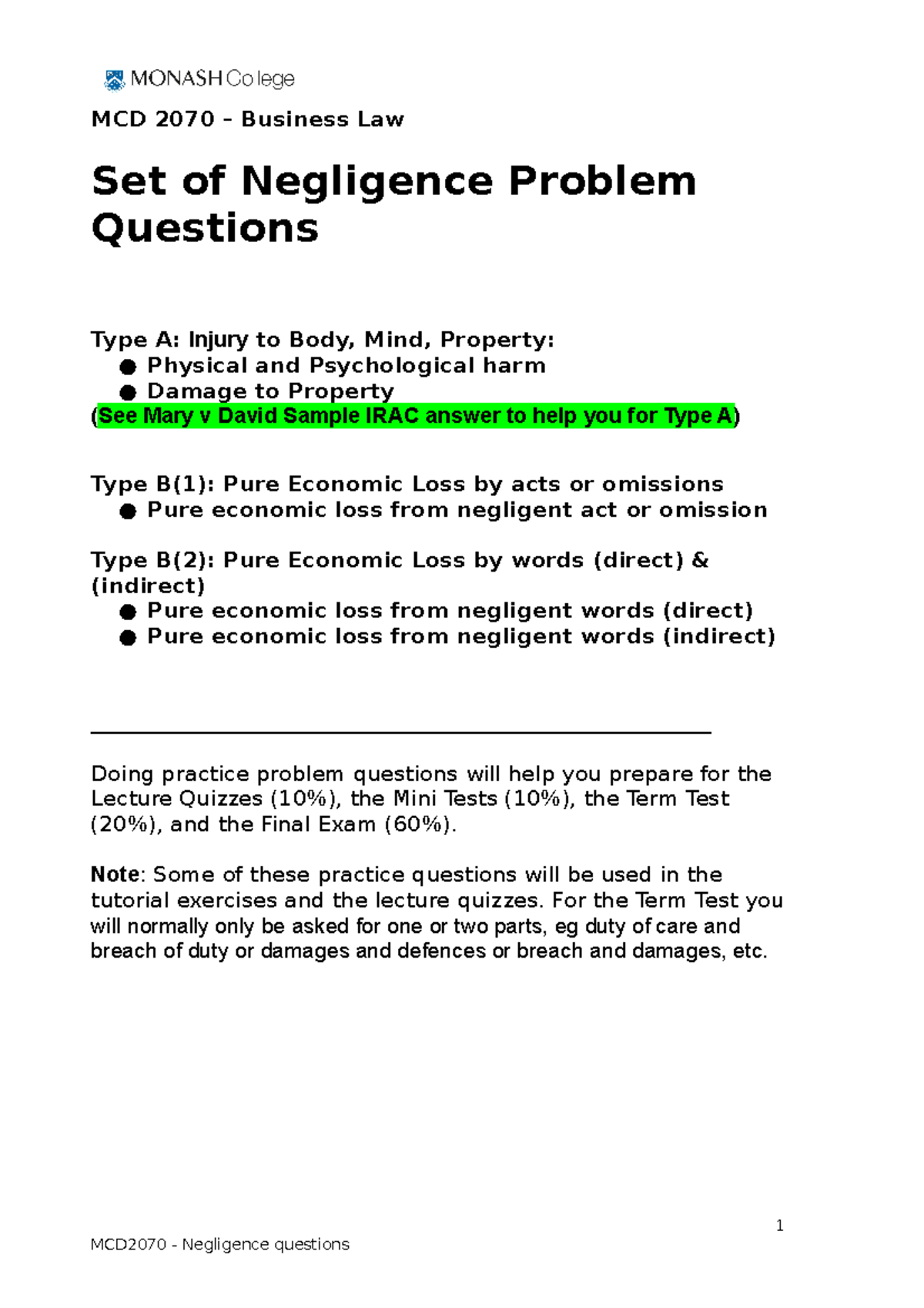 2.0 Negligence Questions - all categories (revised) - MCD 2070 ...