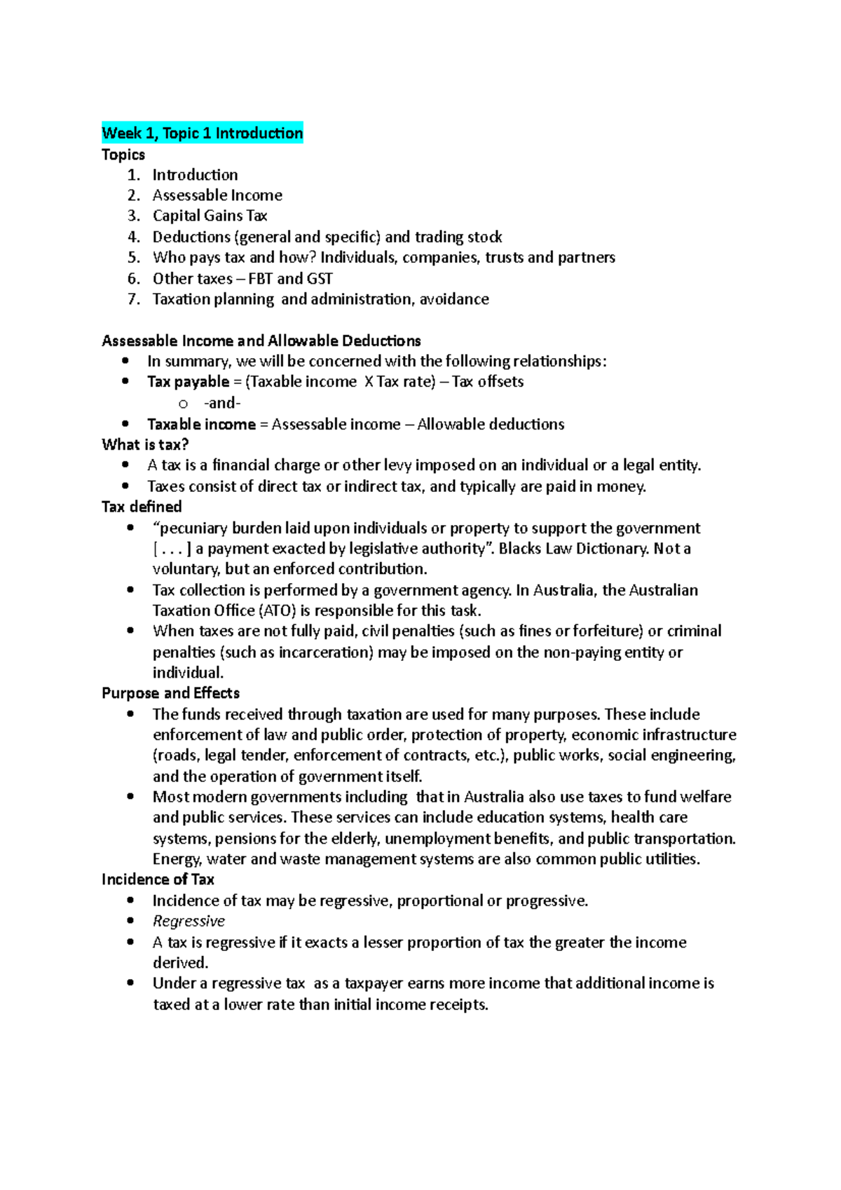 Tax law notes - Week 1, Topic 1 Introduction Topics 1. Introduction 2 ...