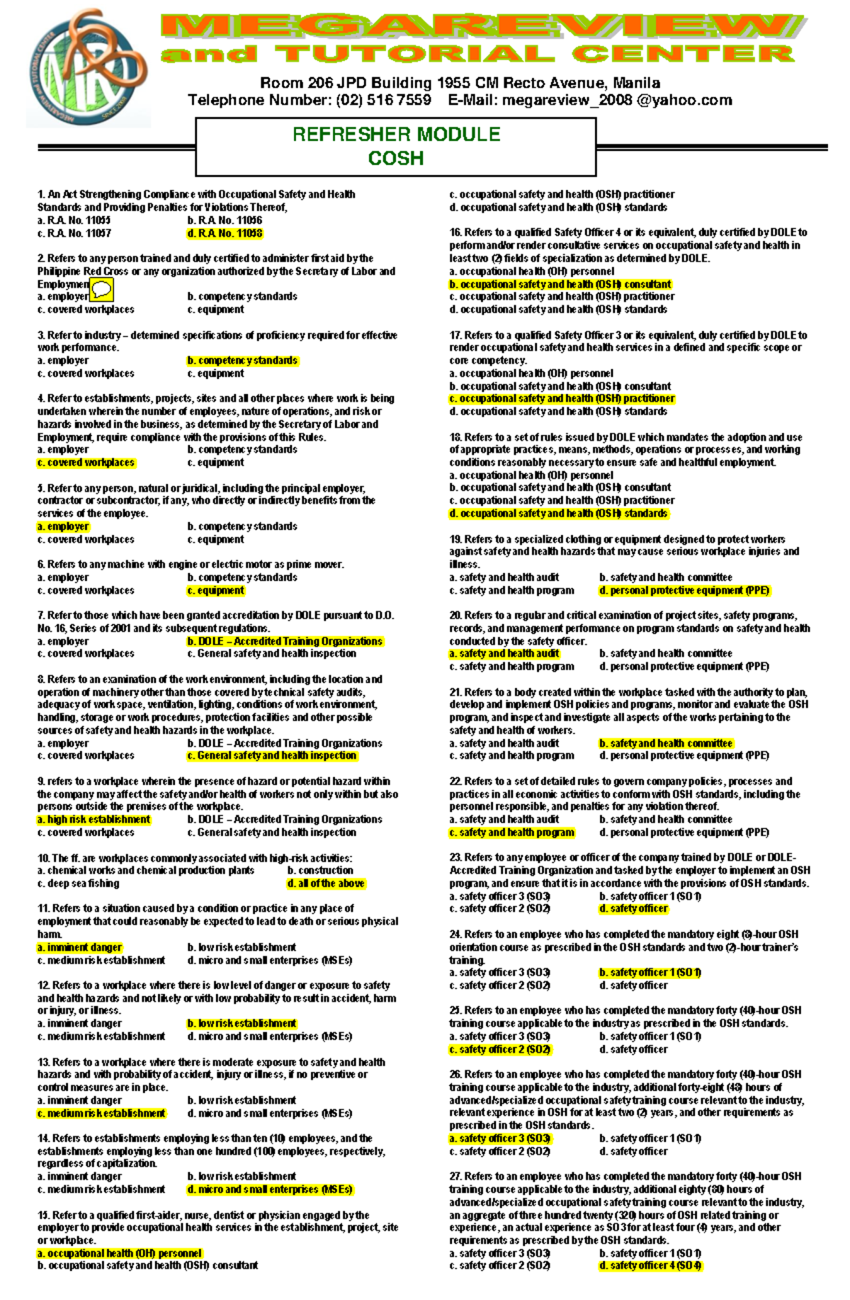 Terms IN COSH - REFRESHER MODULE COSH Room 206 JPD Building 1955 CM ...