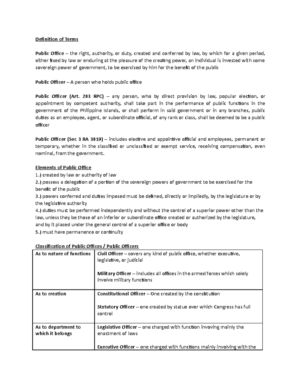 Public Officer Notes ewce Definition of Terms Public Office the