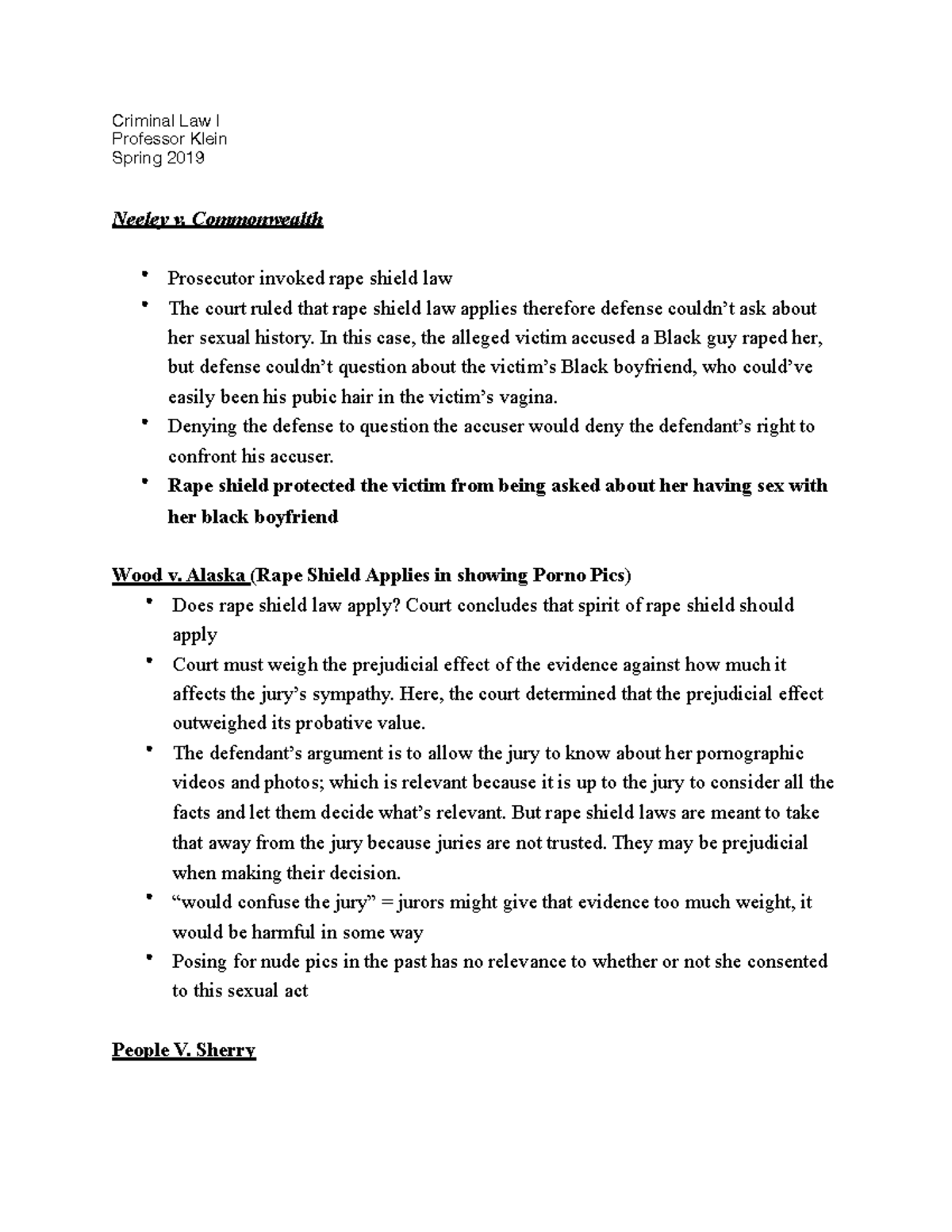 Case analysis on Rape shield - Criminal Law I Professor Klein Spring ...