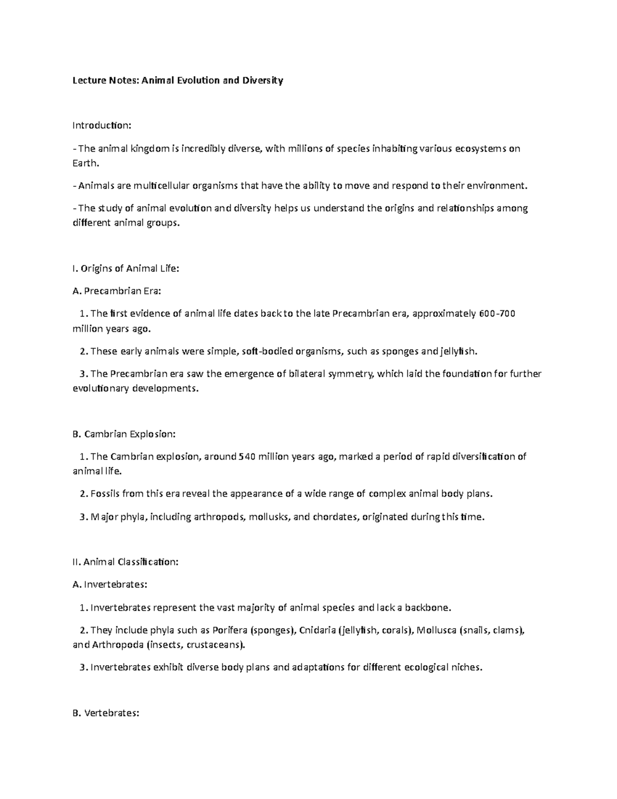 Lecture Notes: Animal Evolution and Diversity - Lecture Notes: Animal ...