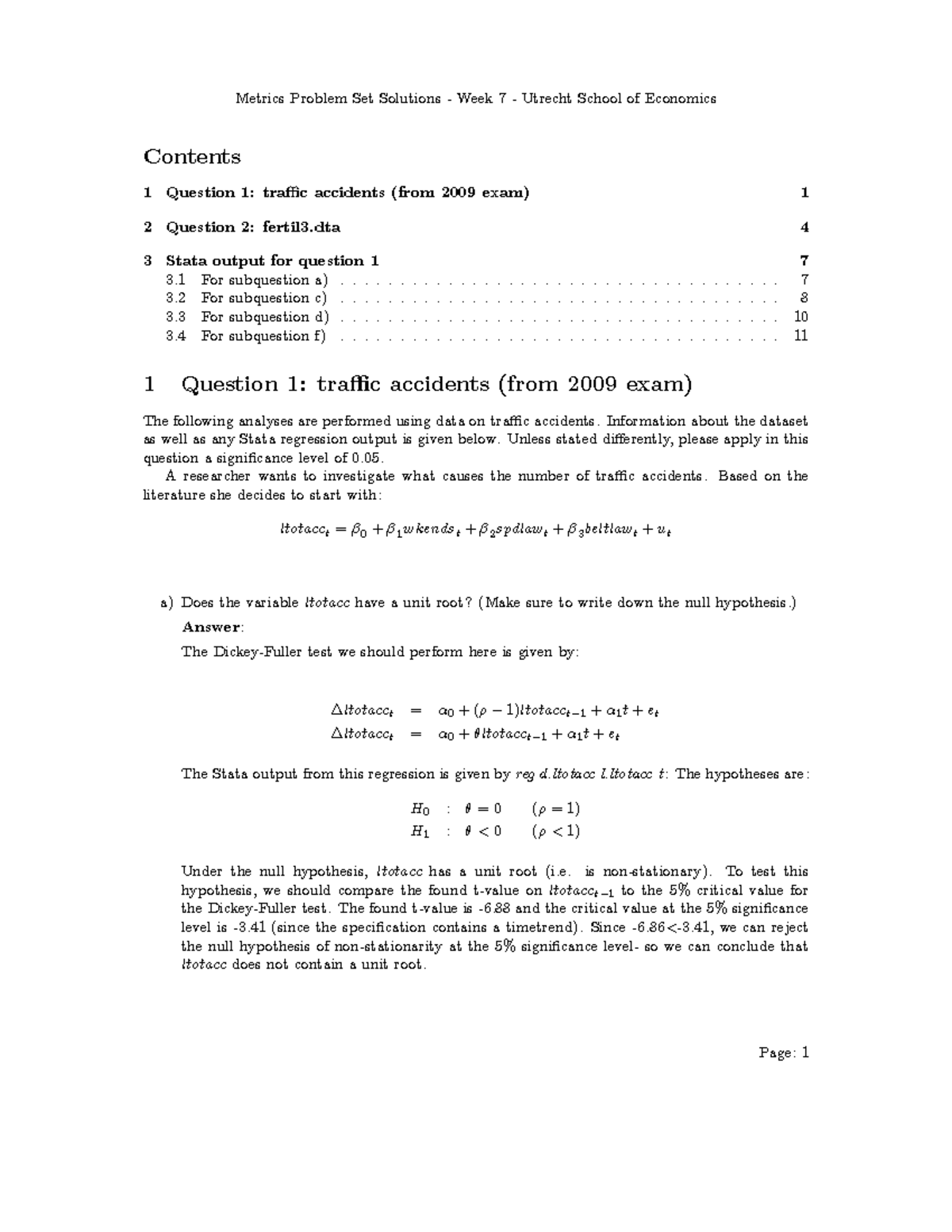 Solutions-wk7 - Solutions Week 7 - Metrics Problem Set Solutions Week 7 ...