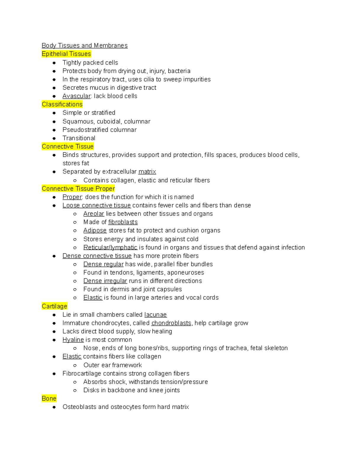 Unit 4 - Textbook notes, Prof. JP Hyatt - Body Tissues and Membranes ...
