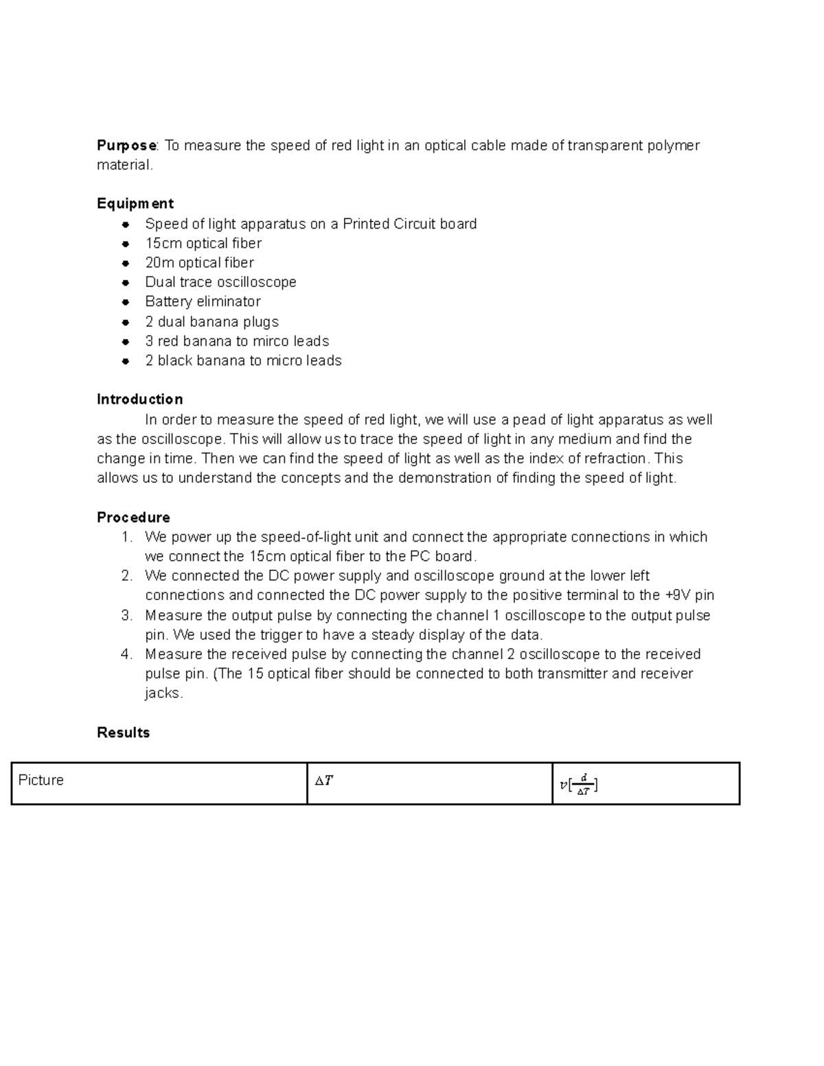 The Speed of Light - Purpose: To measure the speed of red light in an ...