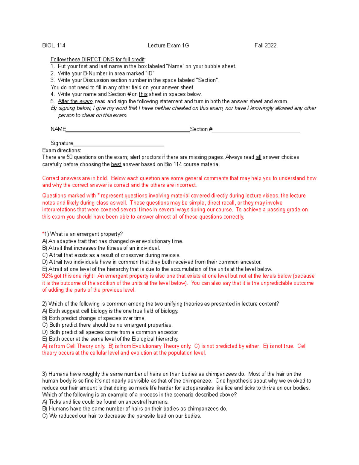 Biology 2023 Exam 1 - BIOL. 114 Lecture Exam 1G Fall 2022 Follow these ...