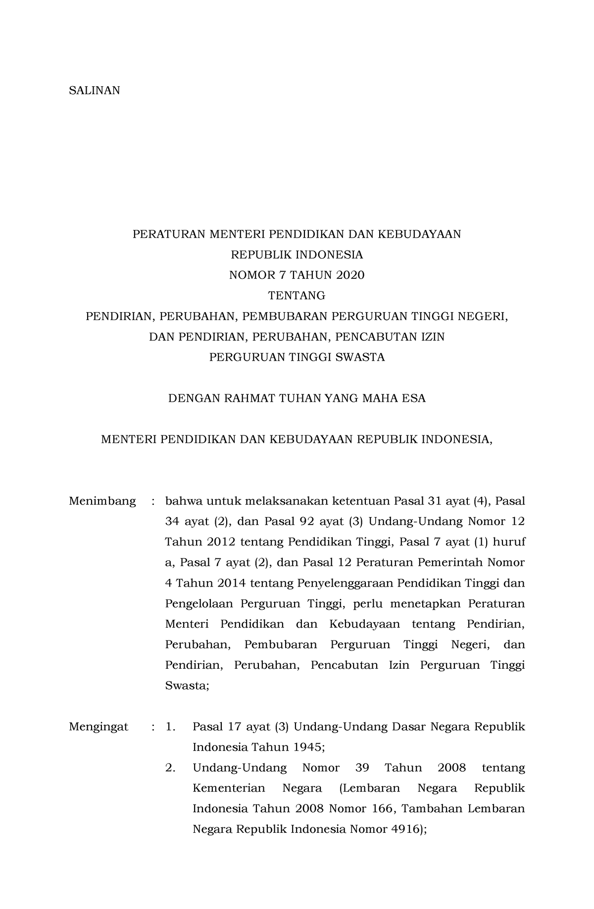 Permendikbud No 7 Tahun 2020 - SALINAN PERATURAN MENTERI PENDIDIKAN DAN ...