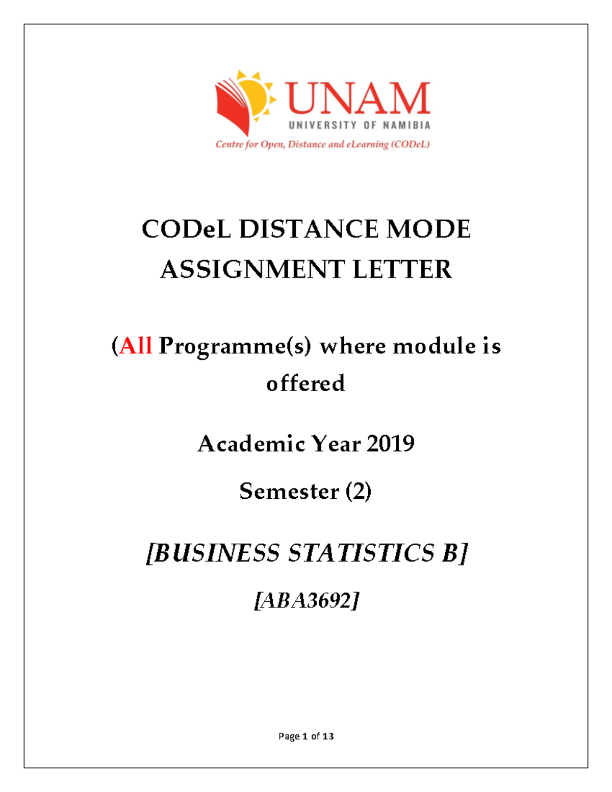 2019 Distance Assignments ABA3692 - Business Statistics B - Warning: TT ...