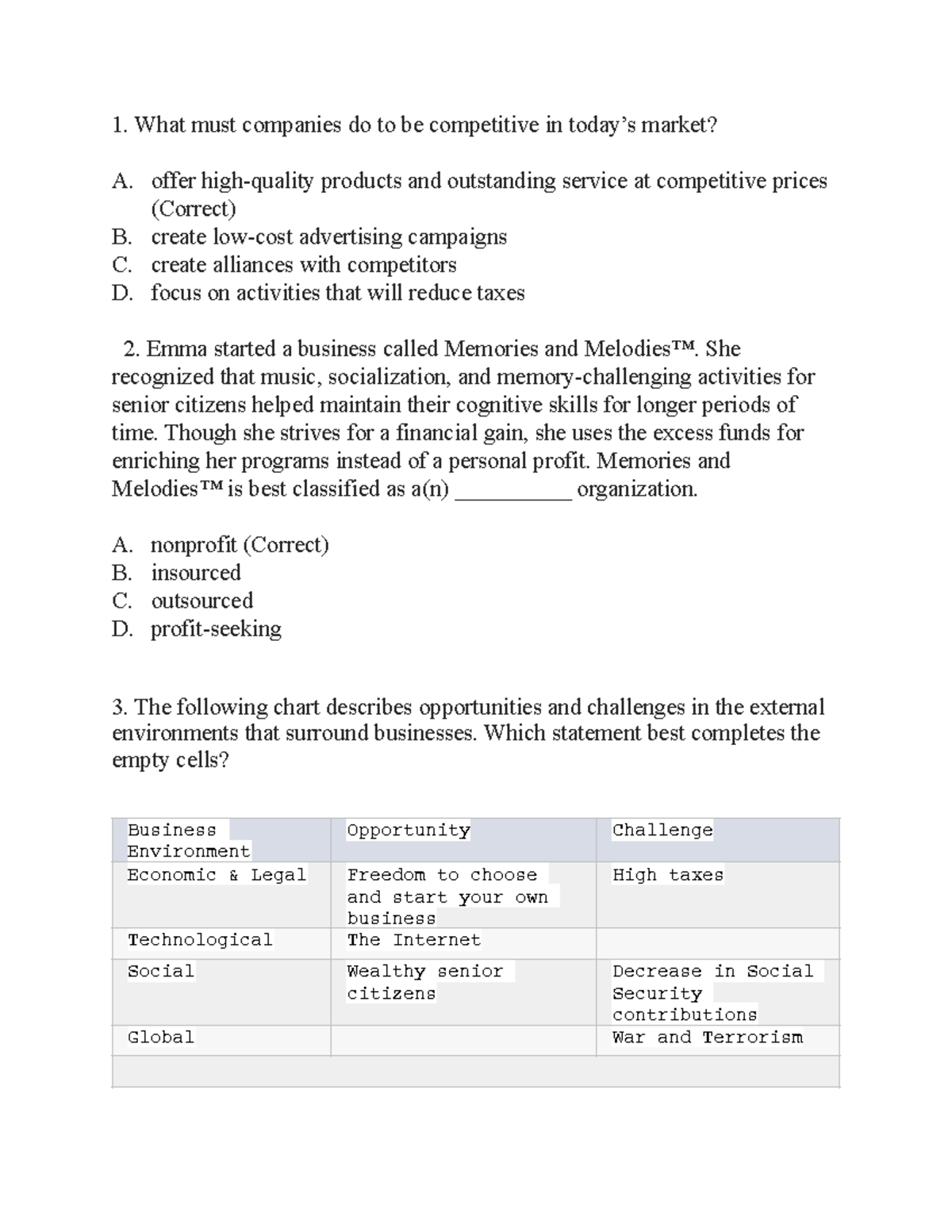 Business Quizz 1 What must companies do to be competitive in today’s