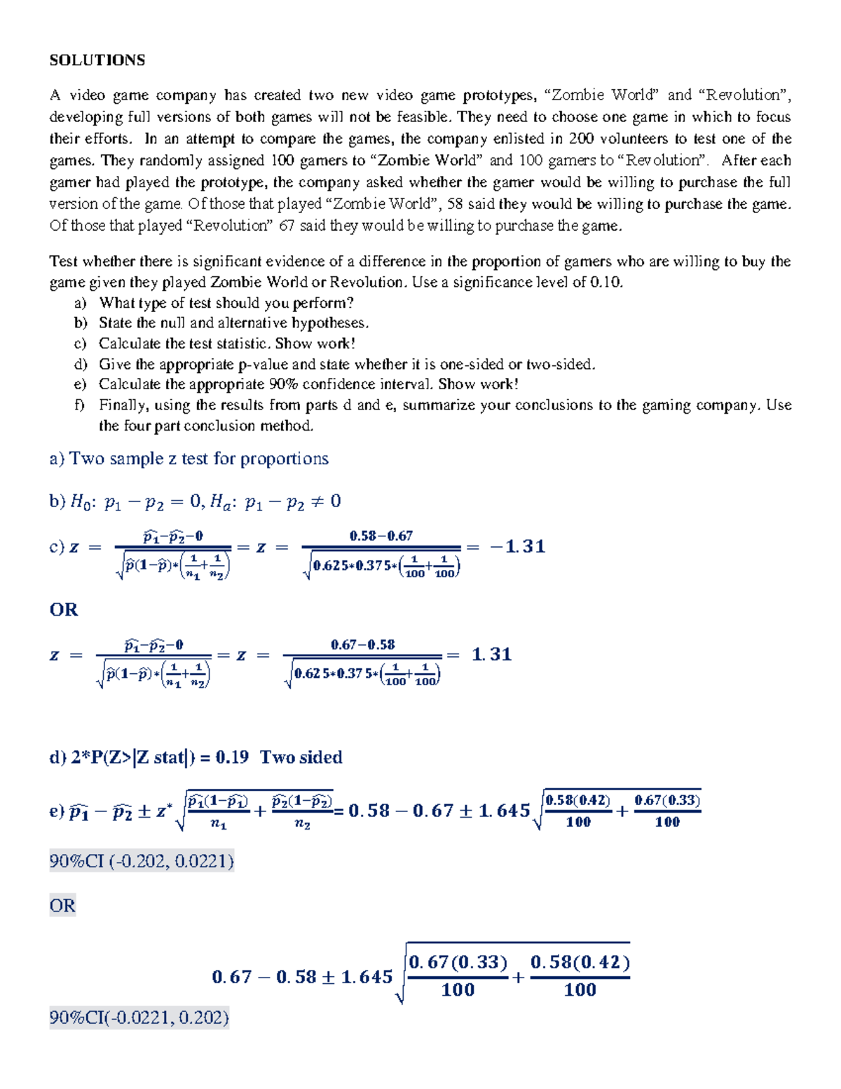 Example Problem- Two Sample Inference - Solutions(1) - SOLUTIONS A ...