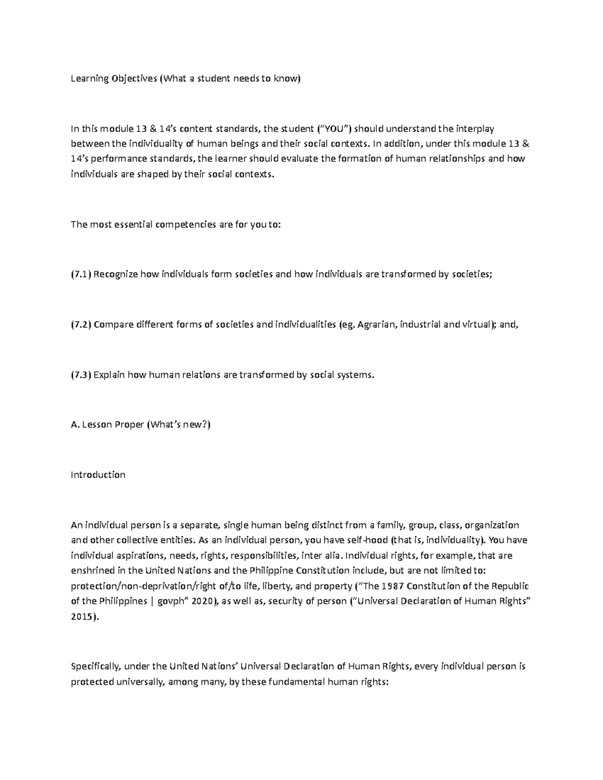 Human person in the society - Learning Objectives (What a student needs ...