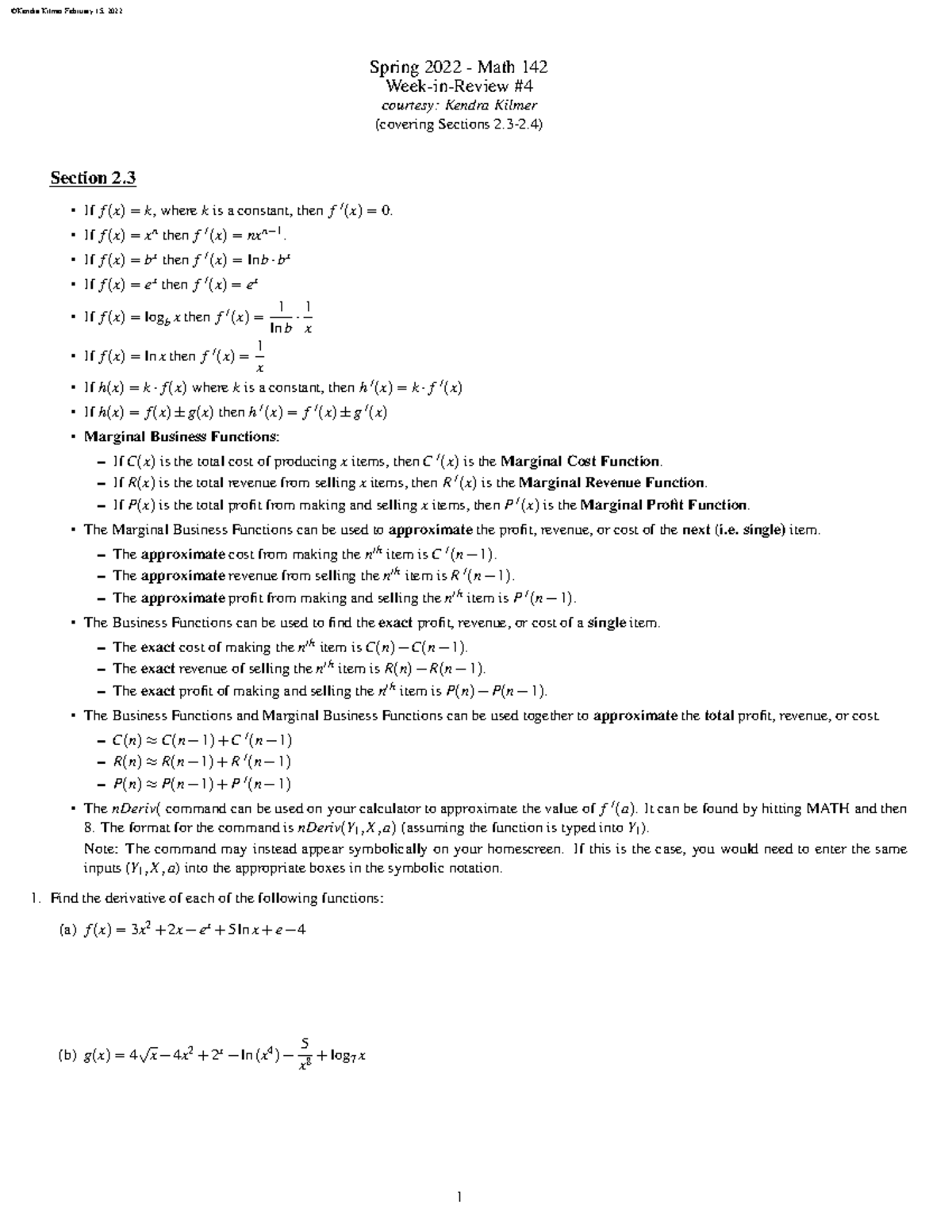1 - Dr. Kilmer - Spring 2022 - Math 142 Week-in-Review courtesy: Kendra ...