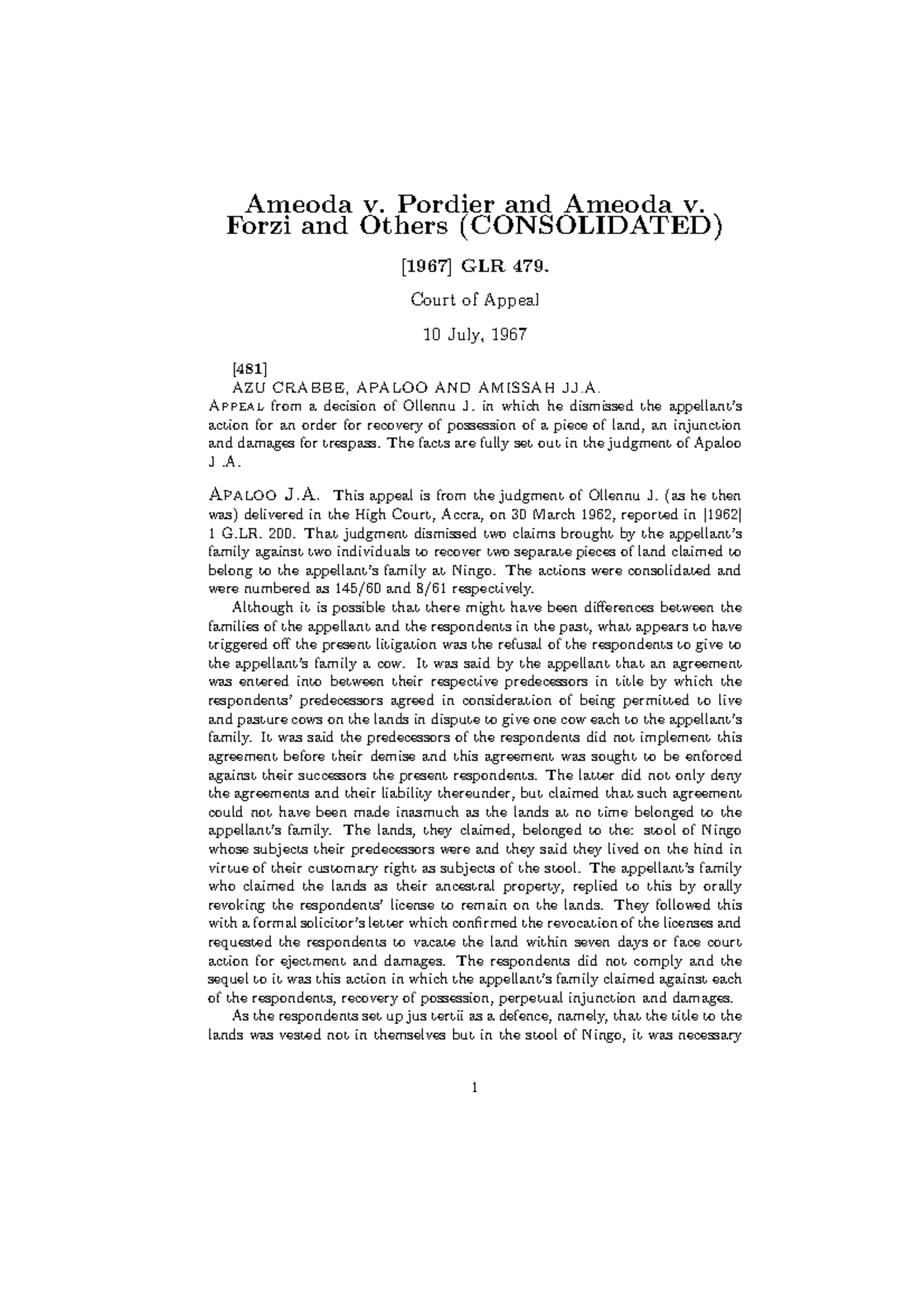 Ameoda Case law on immovable property in Ghana Ameoda v. Pordier