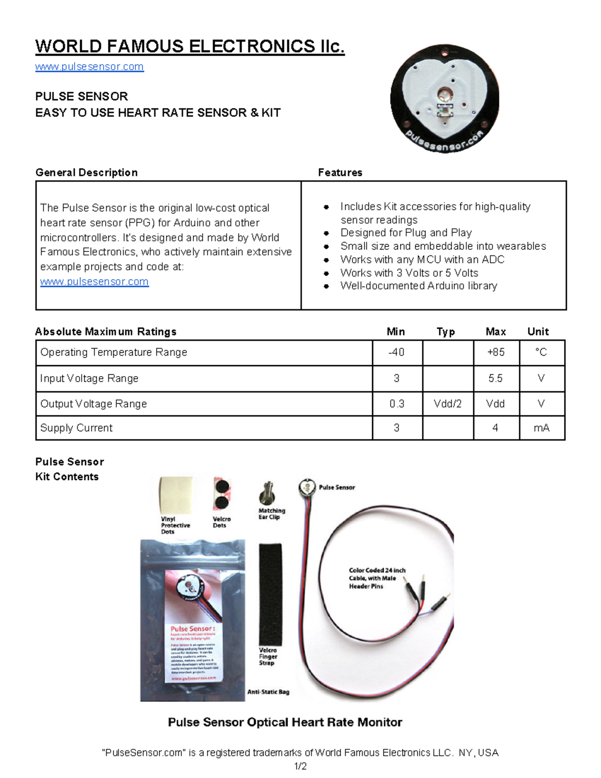 Pulse Sensor Data Sheet WORLD FAMOUS ELECTRONICS llc. pulsesensor