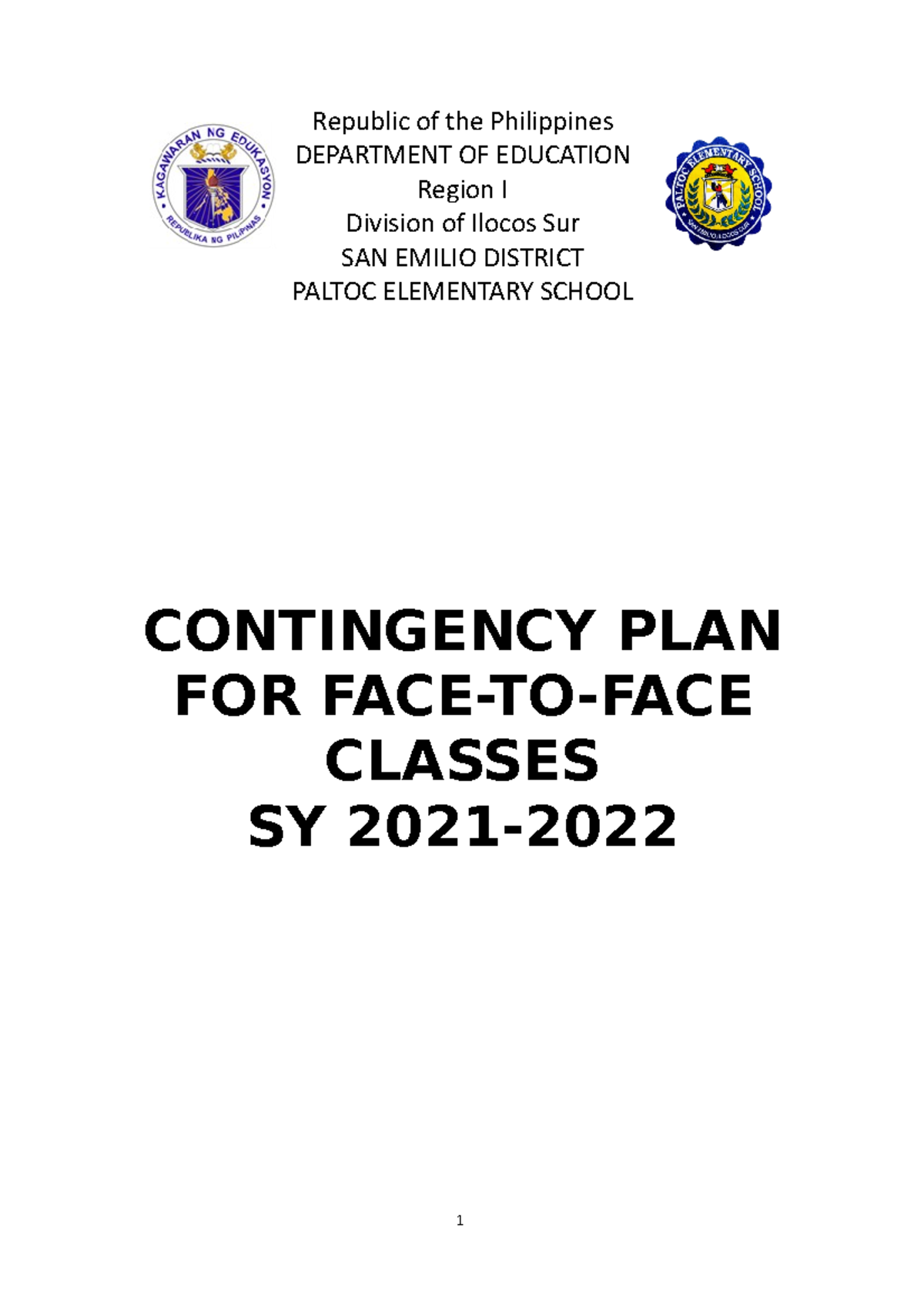 Contingency Plan-Paltoc ES - Republic of the Philippines DEPARTMENT OF ...