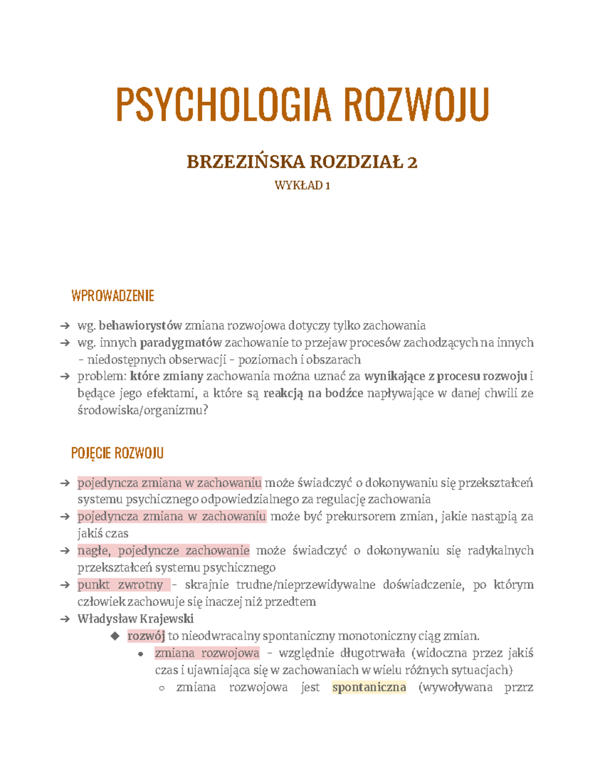 Rozwoj Brzezinska - PSYCHOLOGIA ROZWOJU BRZEZIŃSKA ROZDZIAŁ 2 WYKŁAD 1 ...