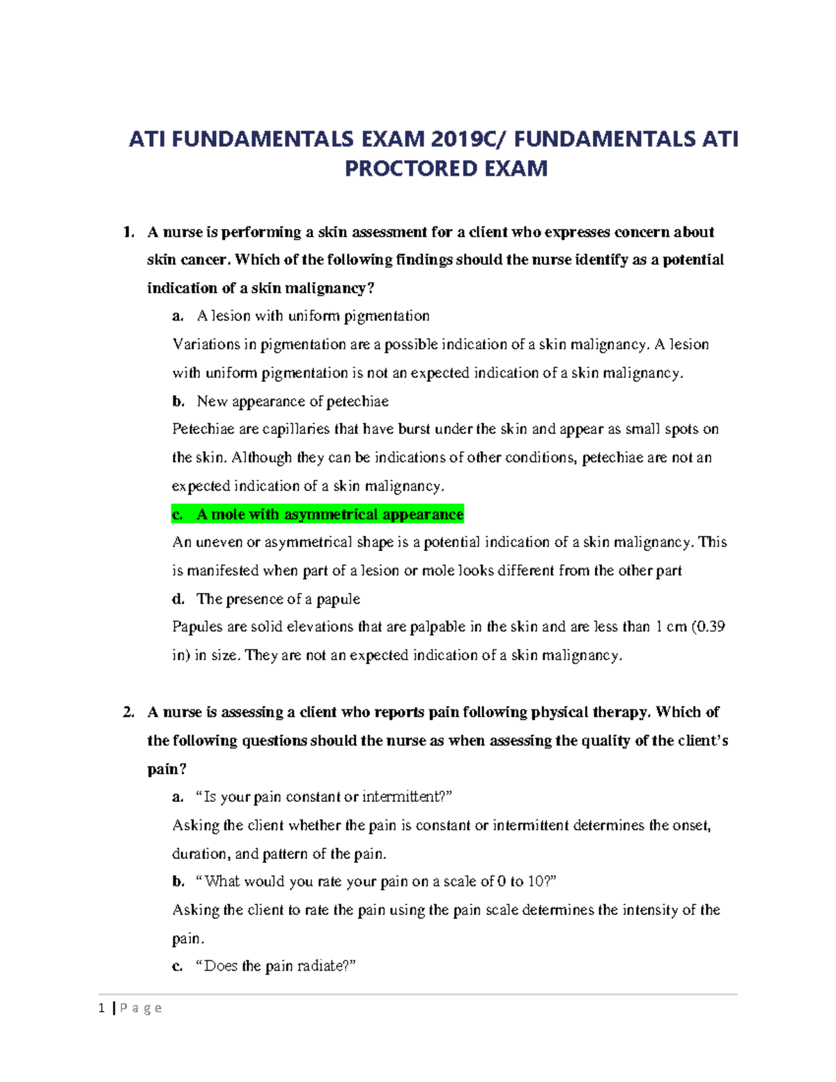 ATI Fundamentals EXAM 2019 C - ATI FUNDAMENTALS EXAM 2019C ...