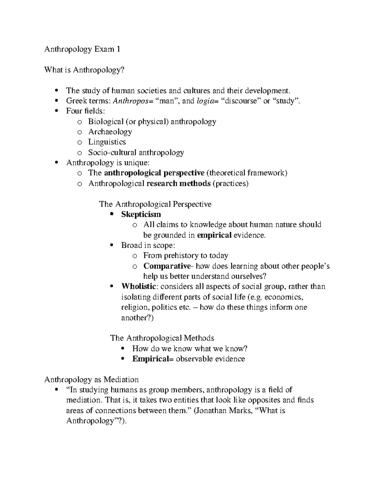 Anthropology Notes For Exam 1 - Anthropology Exam 1 What Is 