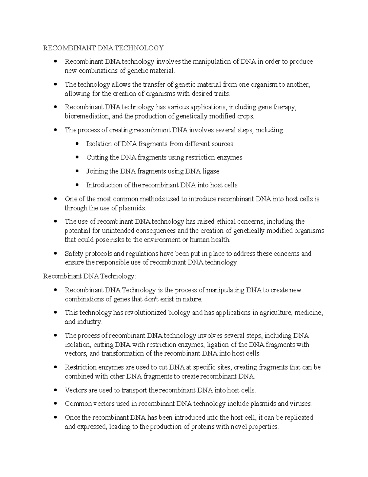 Recombinant DNA Technology Notes 1 - RECOMBINANT DNA TECHNOLOGY ...