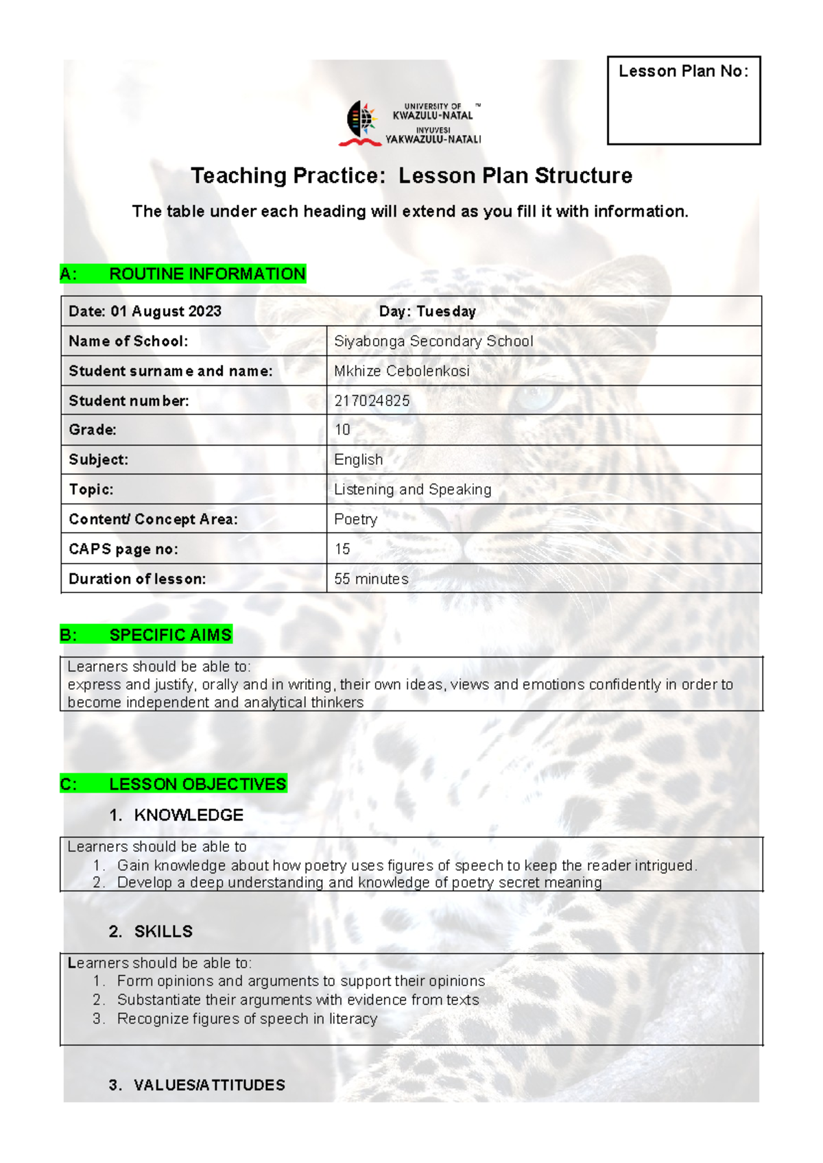 4 - fdgsdfcv - Teaching Practice: Lesson Plan Structure The table under ...