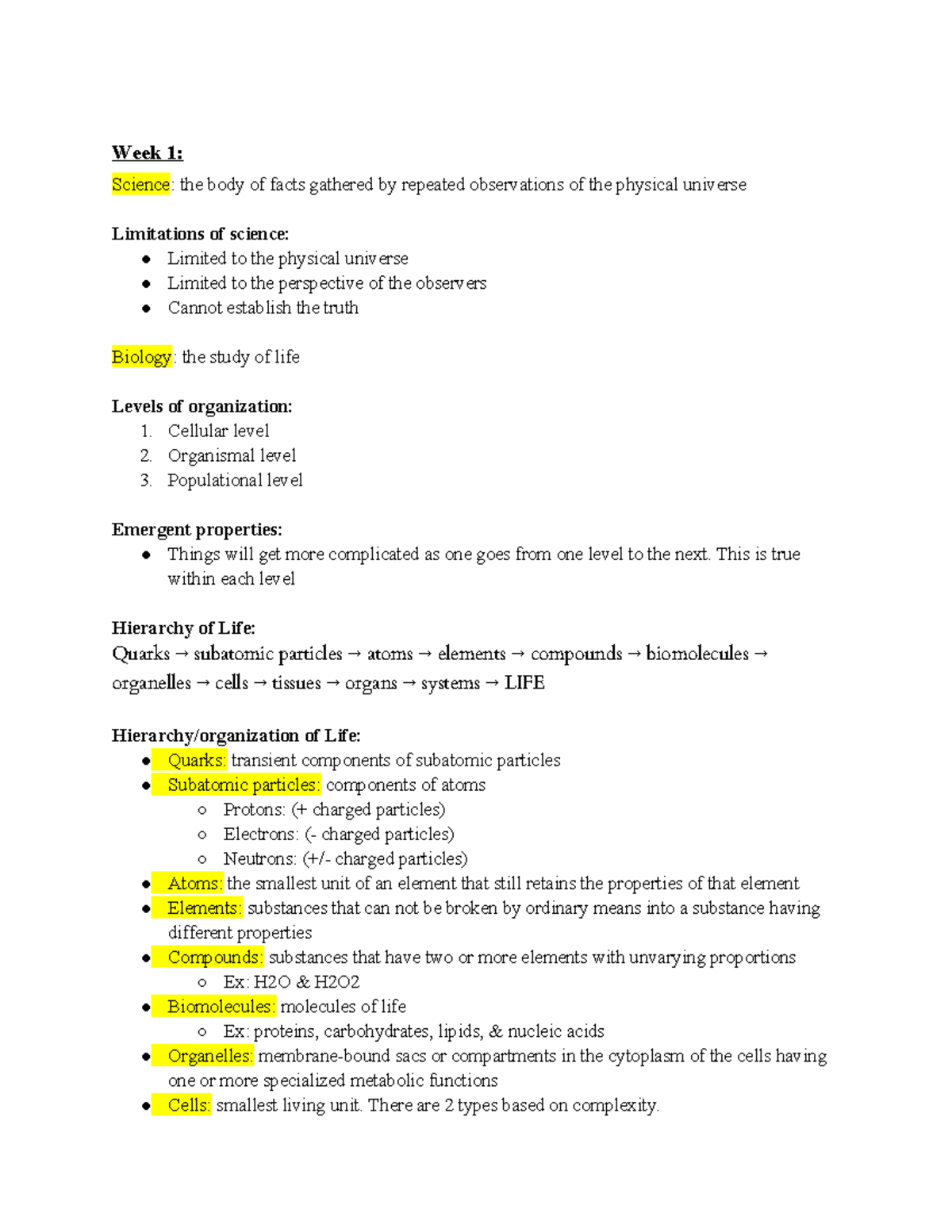 Biology notes (Week 1 2 & 3) - Week 1: Science: the body of facts ...