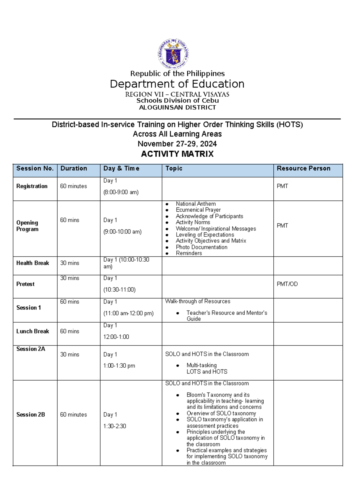 Activity-Matrix-per-cluster - Republic of the Philippines Department of ...