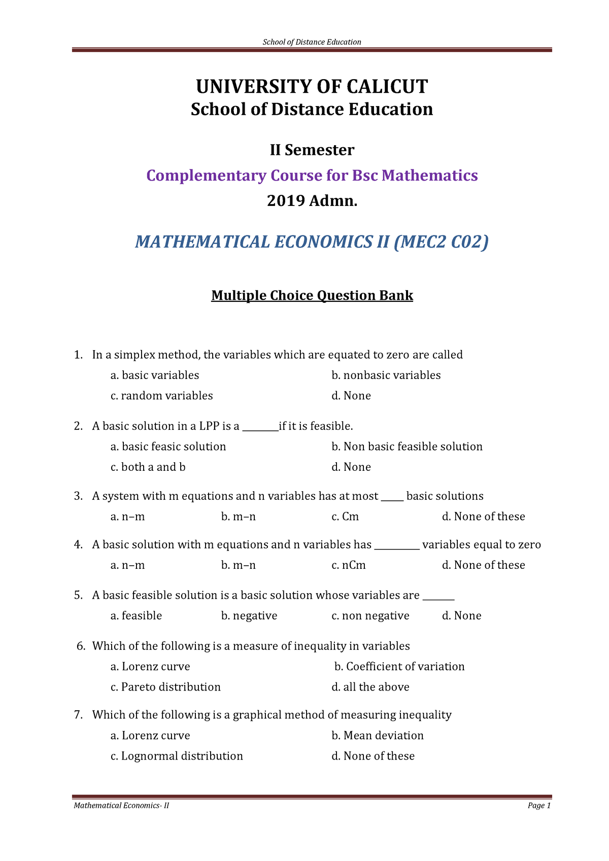 II Sem - B Sc Mathematics-Mathematical Economics-II - Bsc Maths - Studocu