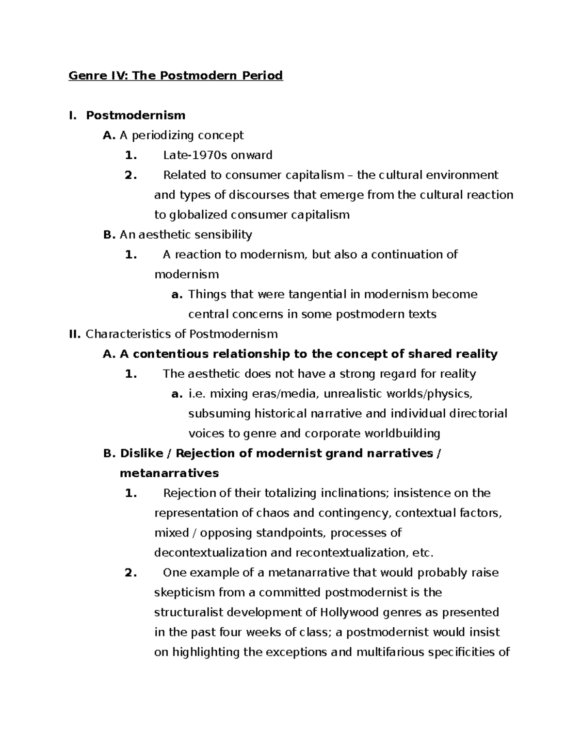 Genre IV - Postmodern - notes - Genre IV: The Postmodern Period I ...