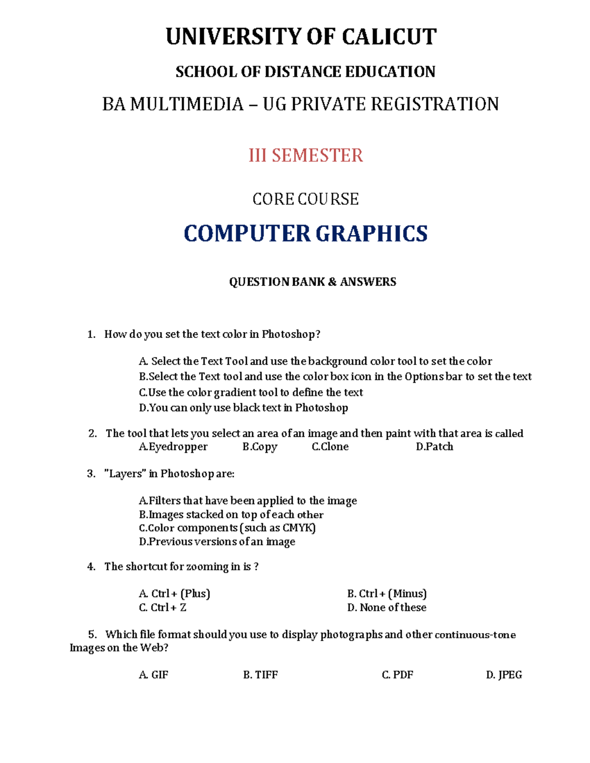 Computer Graphics - UNIVERSITY OF CALICUT SCHOOL OF DISTANCE EDUCATION ...