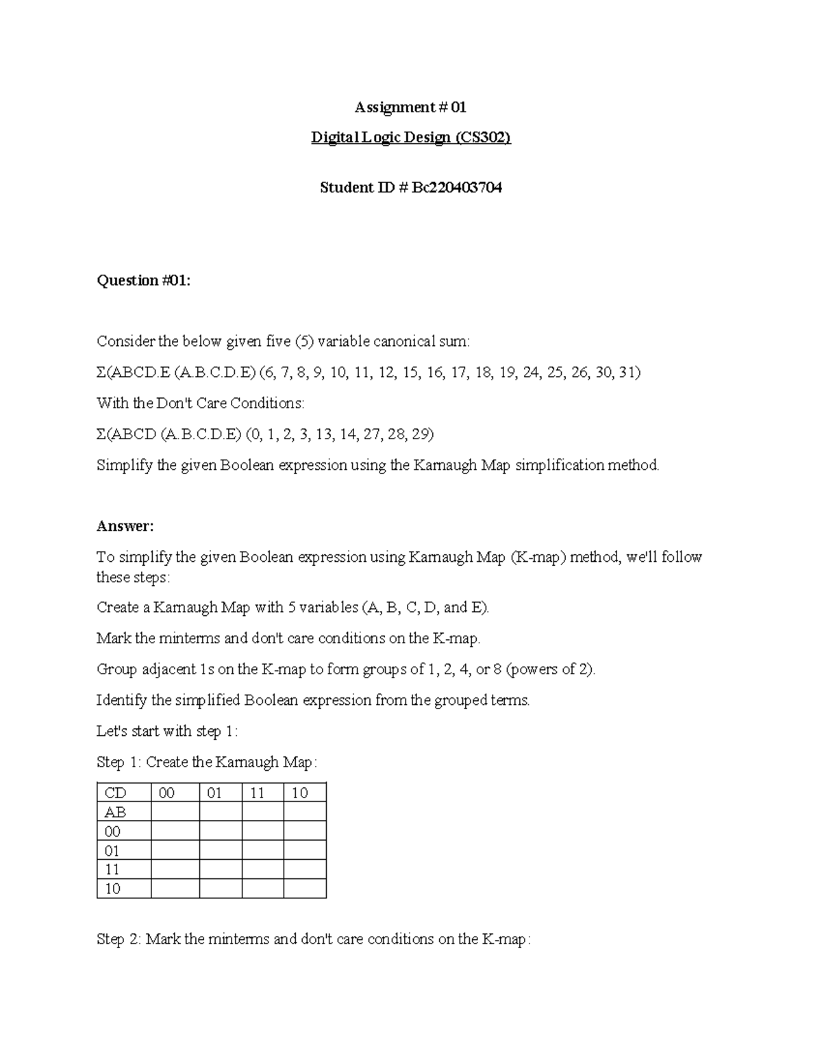 digital logic design (cs302) assignment # 01 fall 2022