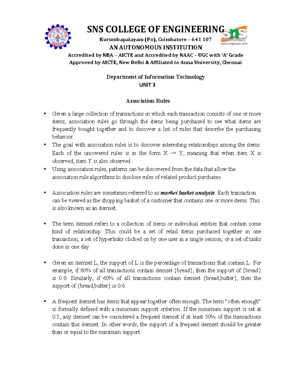 Unit 3 affiliated - Unit 3 notes BDA - UNIT 3 Association Rules Given a ...