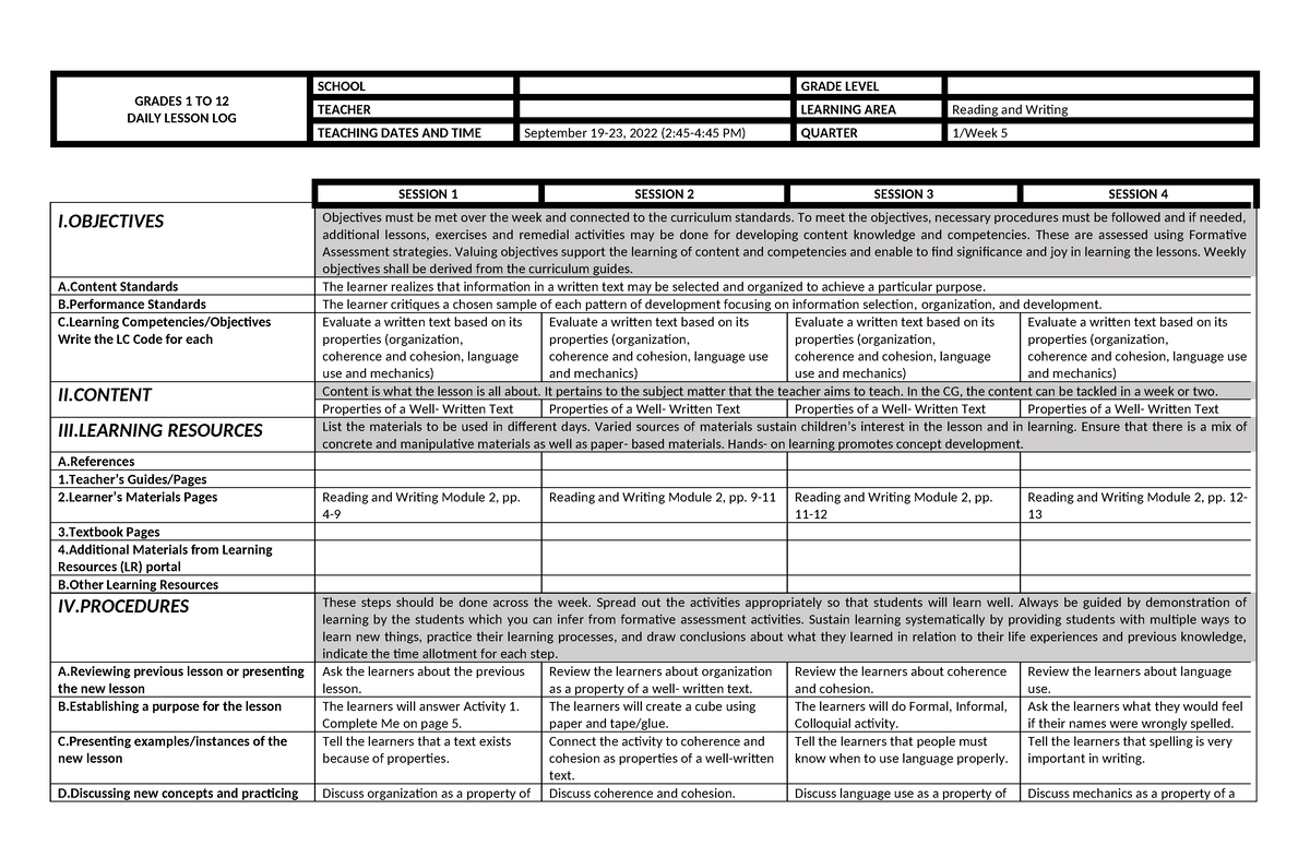 RW Q1 W5 - GRADES 1 TO 12 DAILY LESSON LOG SCHOOL GRADE LEVEL TEACHER ...