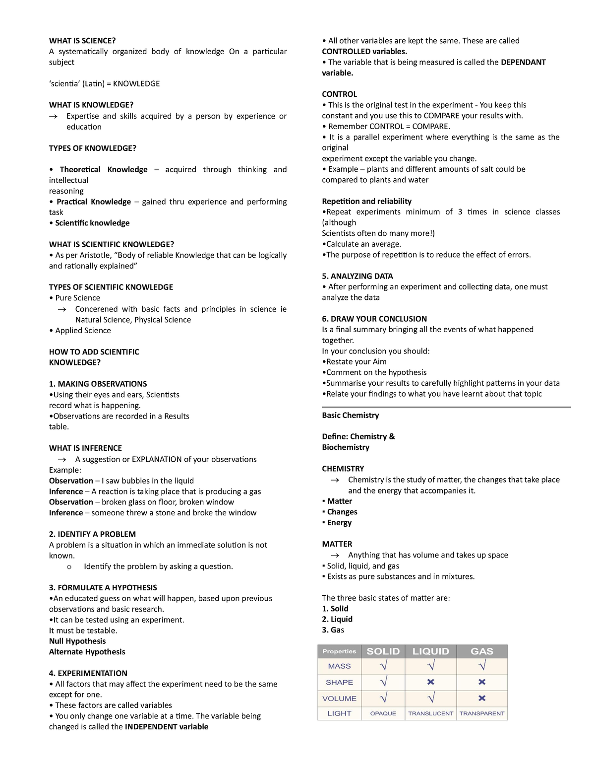 Biochem 1 - introduction to chemistry - WHAT IS SCIENCE? A ...