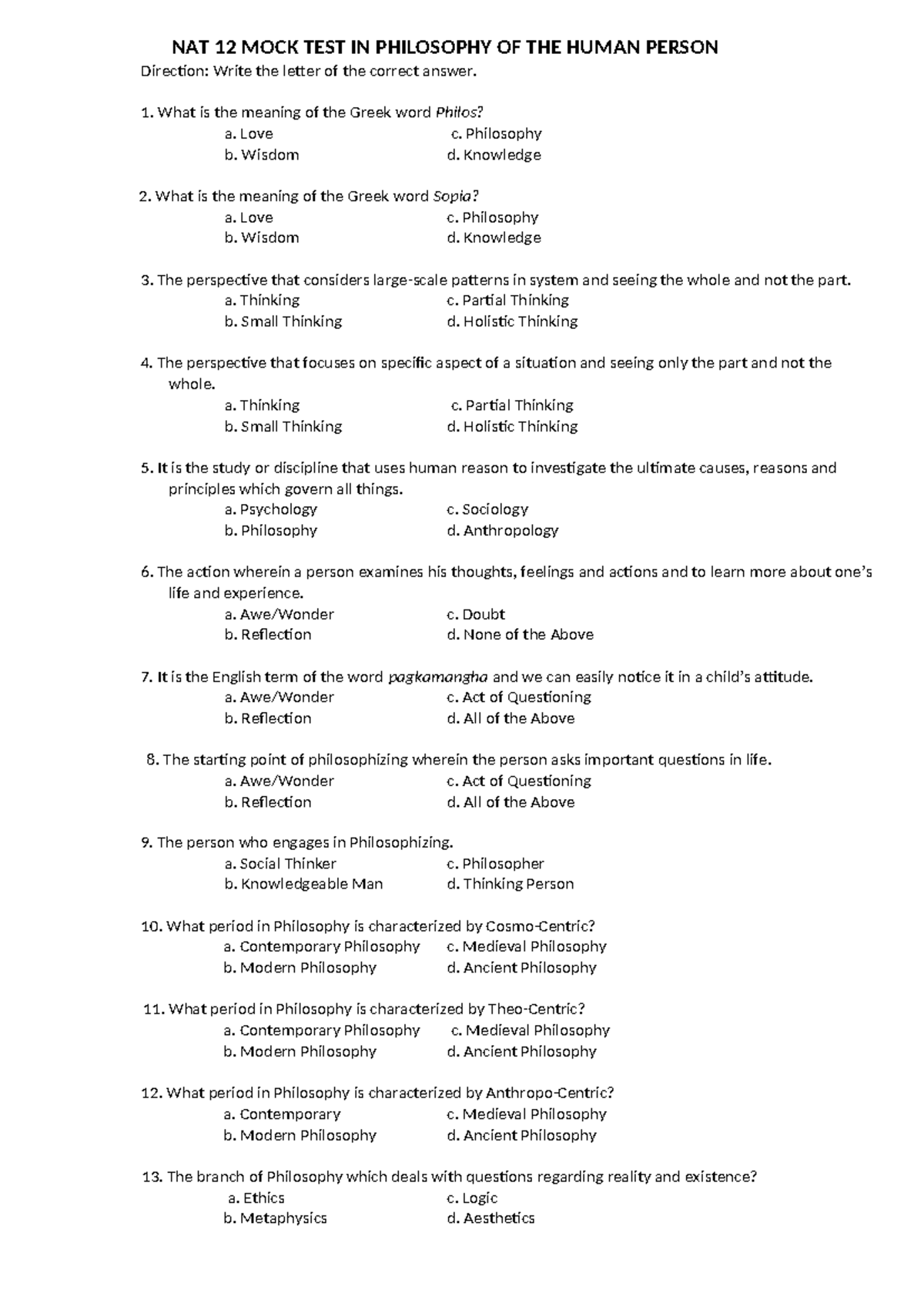 Philosophy Mock Test - Summary People and the Earth's Ecosystem - NAT ...