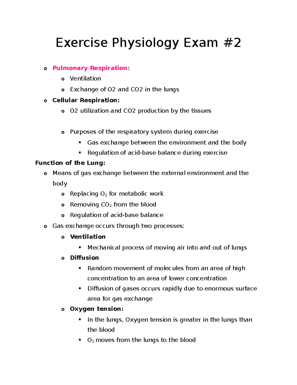 EP II Study Guide for Exam 2 - Exercise Physiology Exam o Pulmonary ...