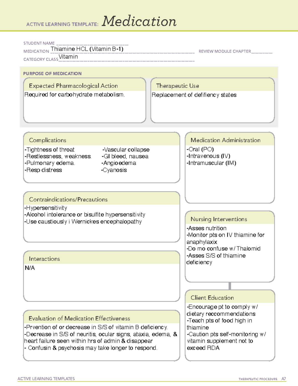 Thiamine HCL med card - Medication Card - ACTIVE LEARNING TEMPLATES ...